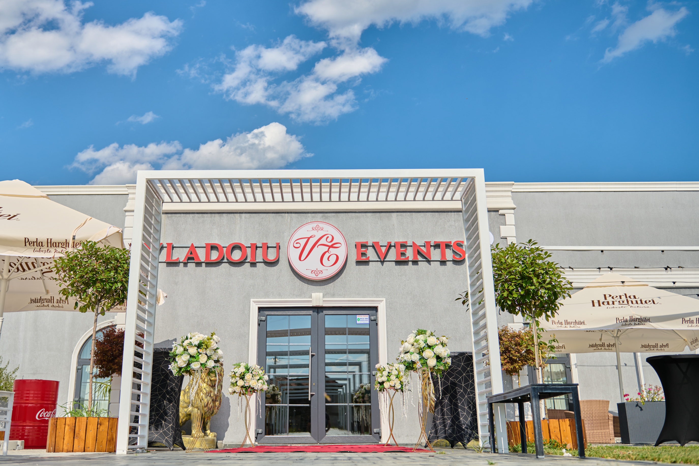 Fațada Vladoiu Events cu statui de lei aurii la intrare